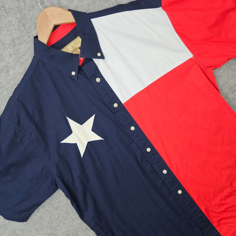Sun River Button Down Shirt Men's Med Blue Red Texas Flag Lone Star Cotton FADED